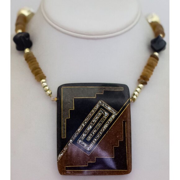 24 inch, Vintage Geometric Statement Pendant Brown Beads Necklace - X26 - Picture 2 of 3